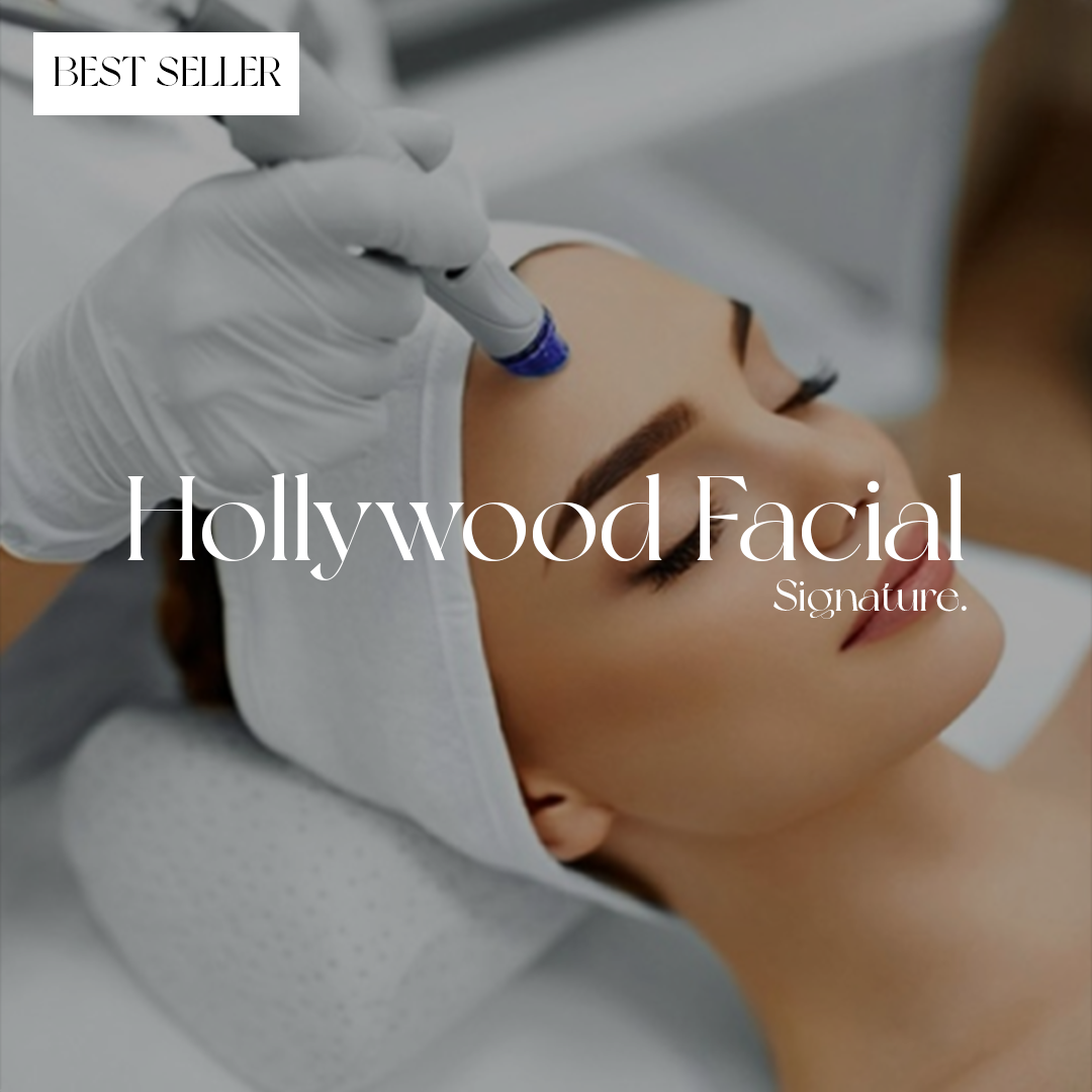Person receiving a Hollywood Facial with text indicating it's a best seller.