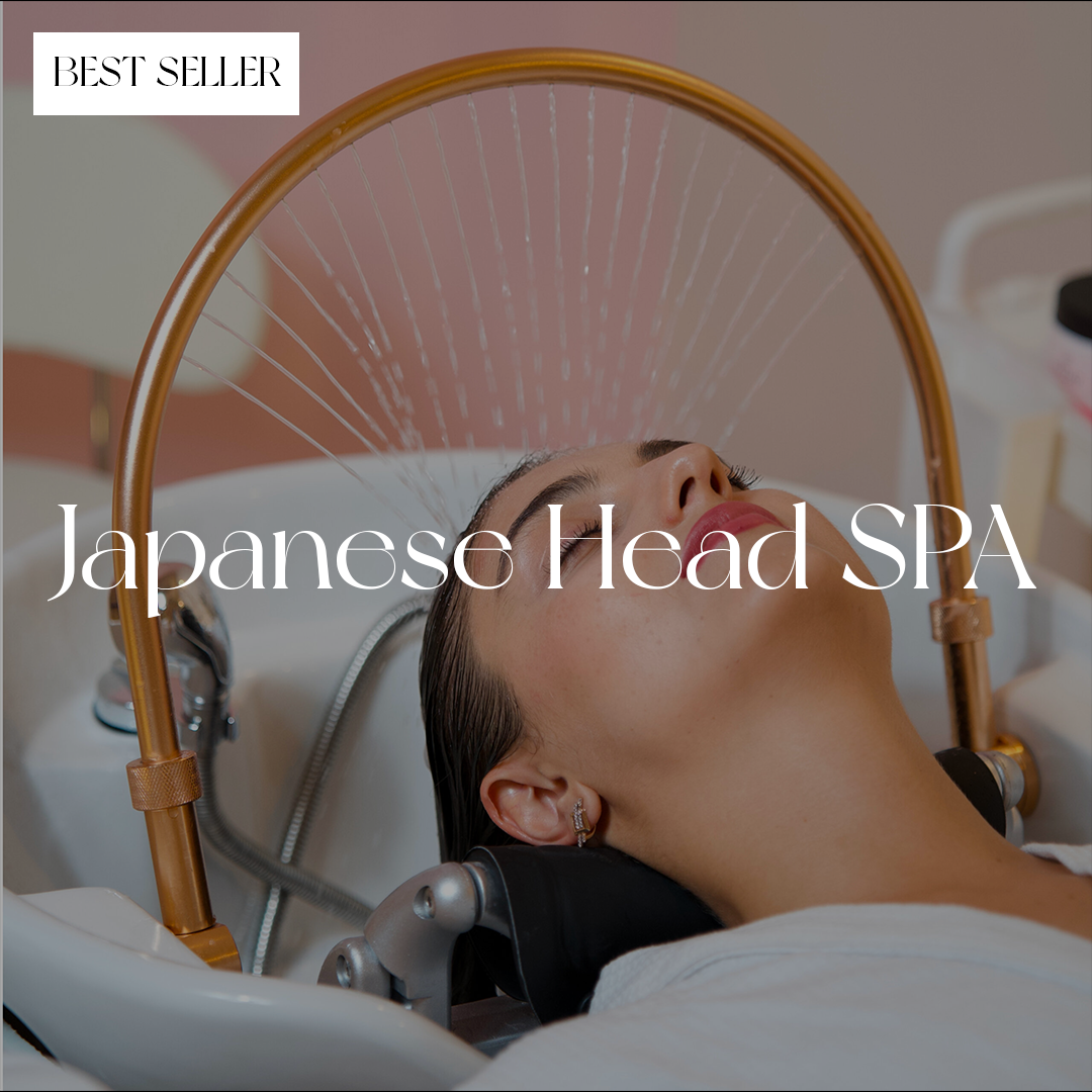 Woman receiving a Japanese head spa treatment with text 'Best Seller Japanese Head SPA'.