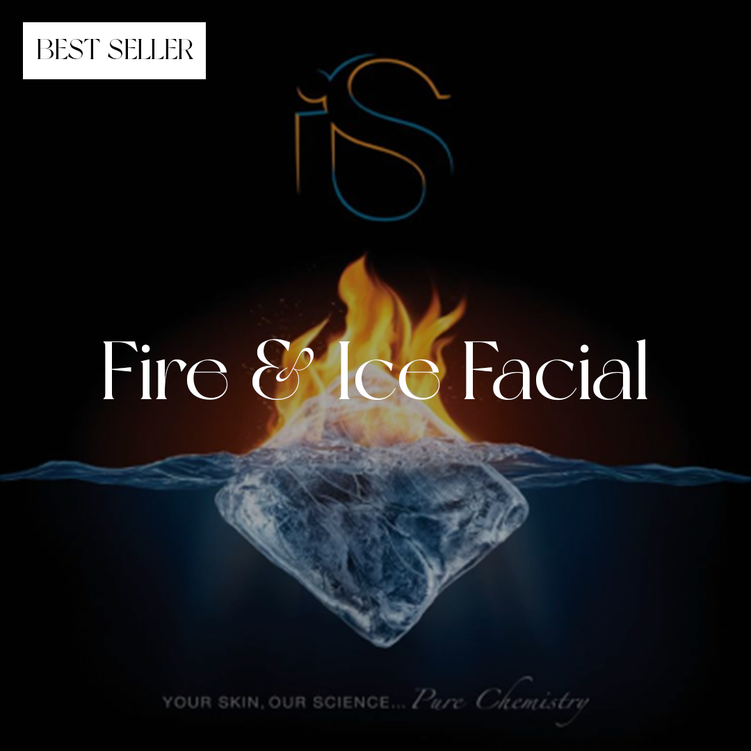 Advertisement for 'Fire & Ice Facial' with a flame and ice cube on a dark background, featuring the brand 'Pure Chemistry'.