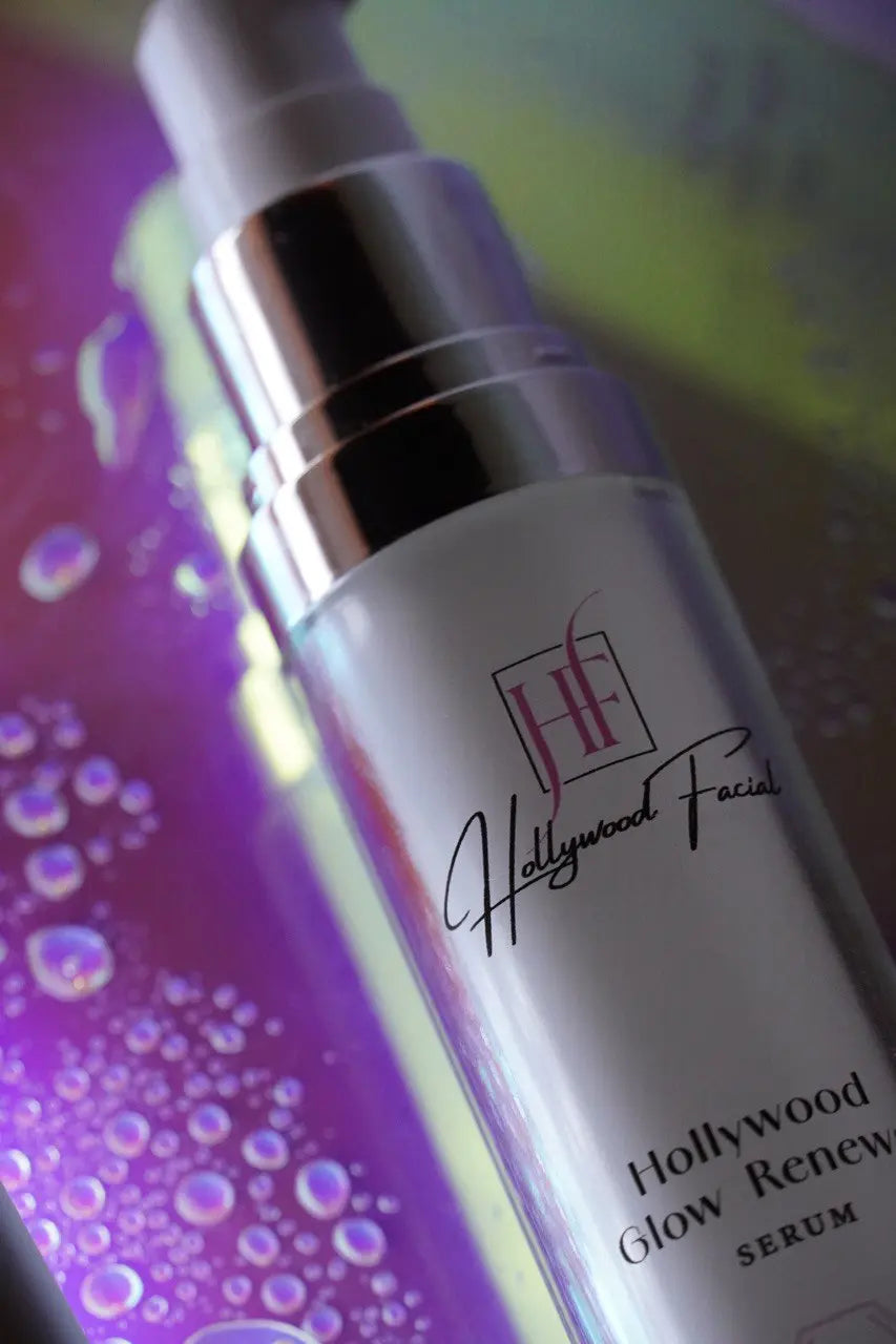 Hollywood Facial serum bottle on a colorful background